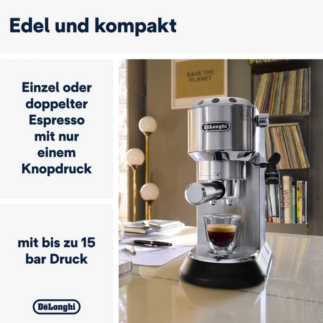 De'Longhi Dedica Style EC685.M, Machine à expresso avec buse à mousse de lait professionnelle, seulement 15 cm de large, réservoir de 1 L, boîtier en métal, compatible avec les dosettes ESE, métal