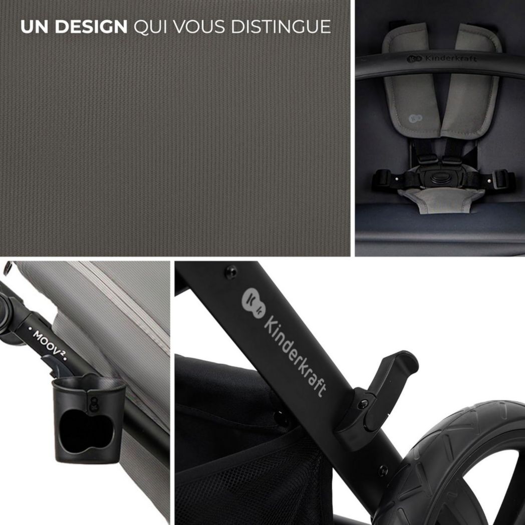 Poussette 3-en-1 Kinderkraft MOOV2, système de voyage de la naissance à 27 kg, siège auto Mink PRO I-Size inclus, pare-soleil extensible avec filtre UPF50+, accessoires pratiques, gris