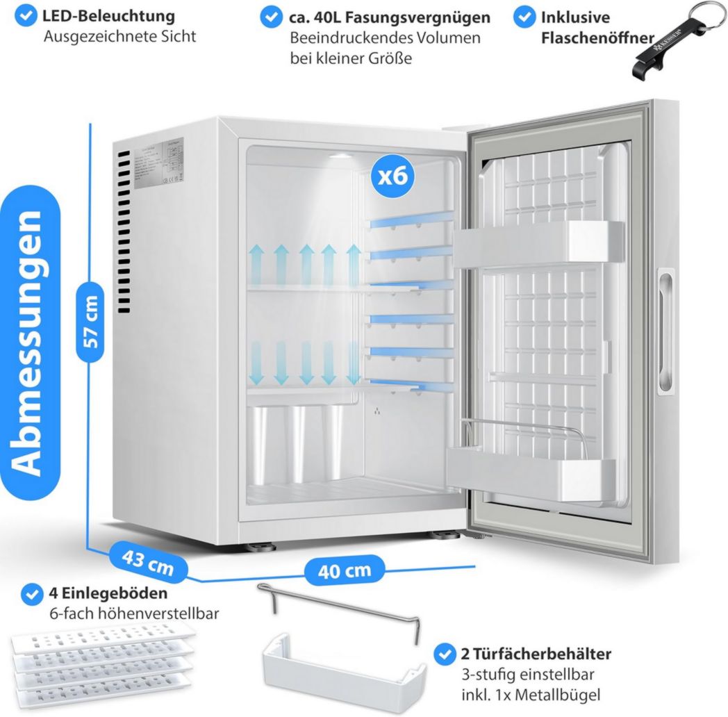 Mini-réfrigérateur KESSER® avec serrure, mini-bar 40 l, silencieux, 22 dB, verrouillable, chambre, butée de porte amovible, environ 4 à 16 °C, hauteur 57 cm, éclairage intérieur