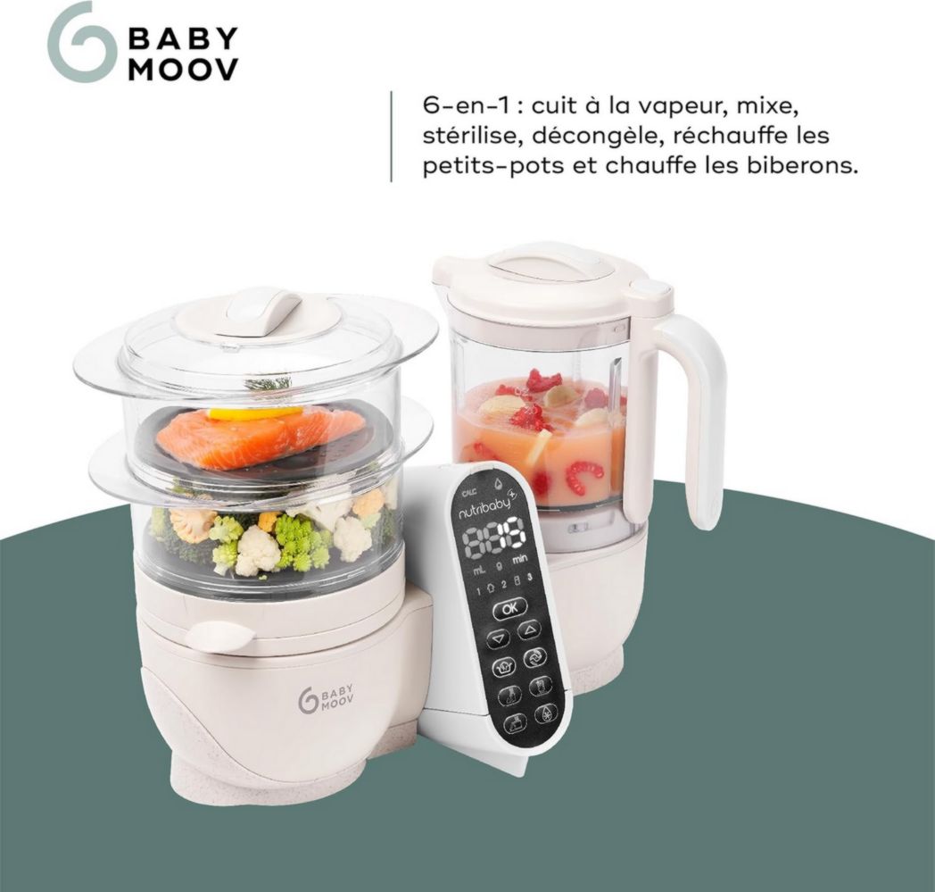 Babymoov Nutribaby(+), Robot cuiseur multifonction 6 en 1 pour bébé, cuiseur vapeur, grande capacité 2,2 L, petits pots maison, idéal pour diversifier les repas, vert opale