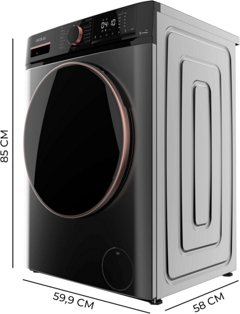 Lave-linge Cecotec 8 kg Bolero DressCode 8610 Inverter Steel A. Chargement frontal, 1400 tr/min, SteamMax, moteur Inverter Plus, 15 programmes, OnSmart, Stop&Go, DrumClean, revêtement antibactérien