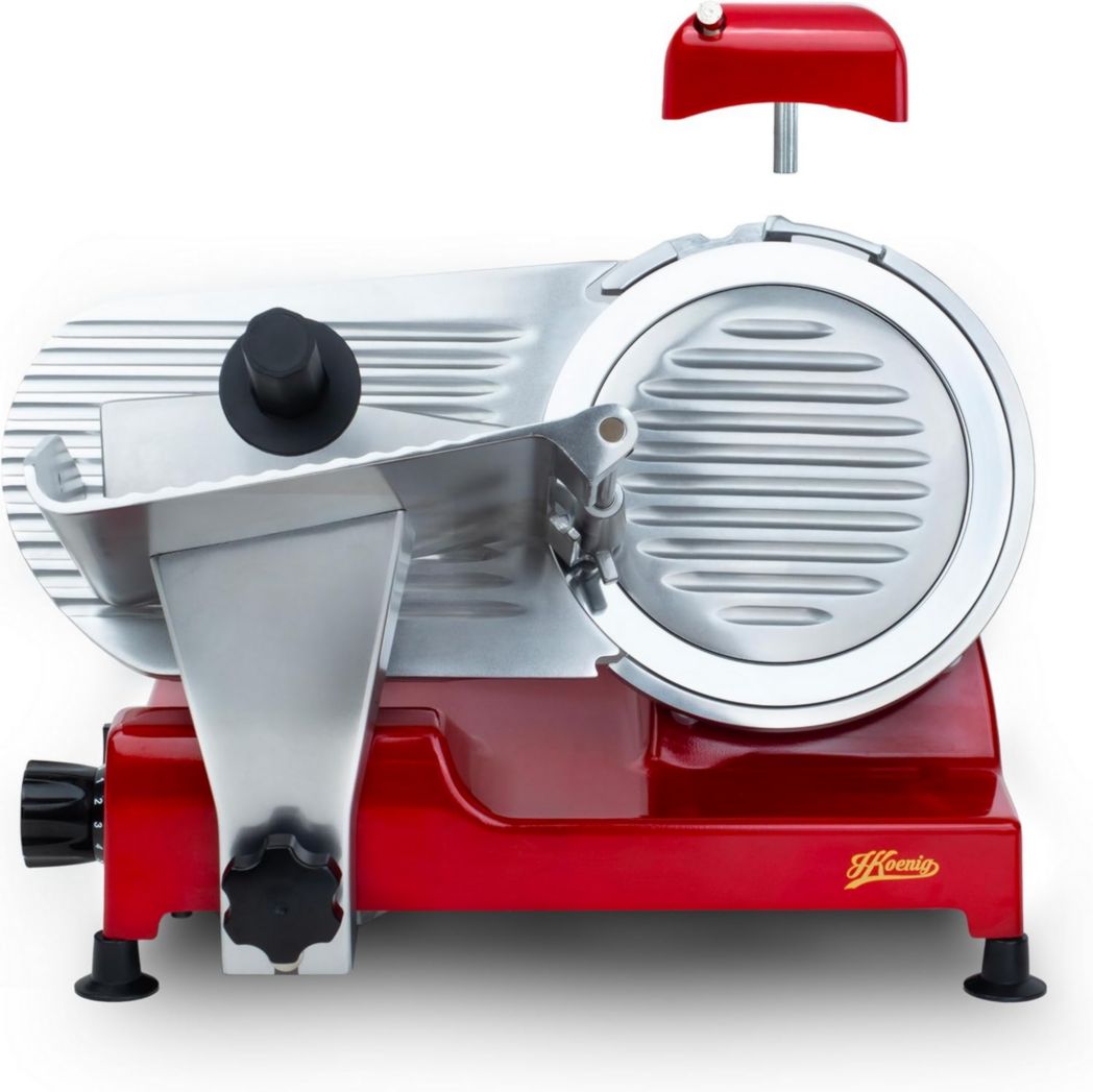 Trancheuse à viande électrique H.Koenig MSX254, Charcuterie, Professionnelle, Précise, Coupe 0-12 mm, Lame 25 cm, Aiguiseur intégré, Grand plateau, 282 tr/min, Rouge