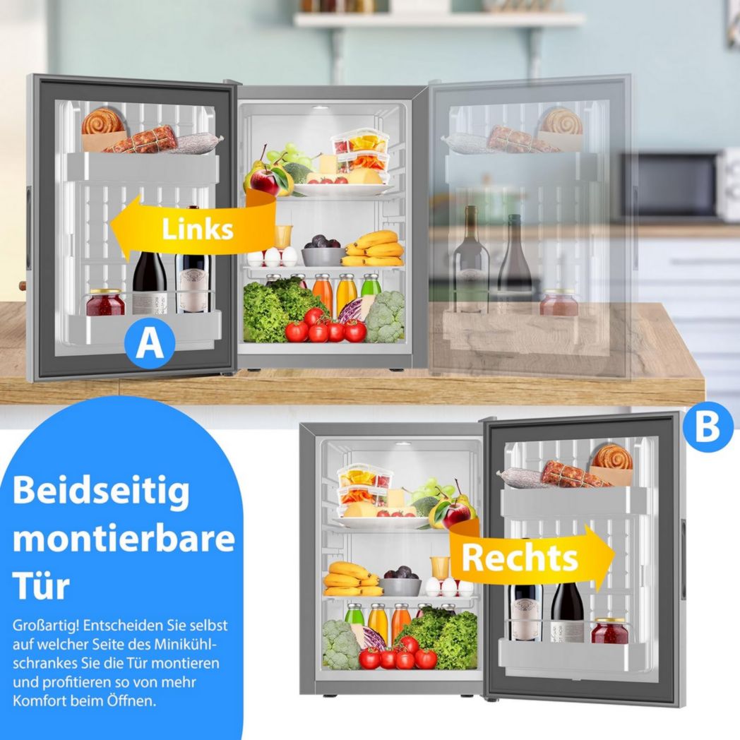 Mini-réfrigérateur KESSER® avec serrure, mini-bar 40 l, silencieux, 22 dB, verrouillable, chambre, butée de porte amovible, environ 4 à 16 °C, hauteur 57 cm, éclairage intérieur