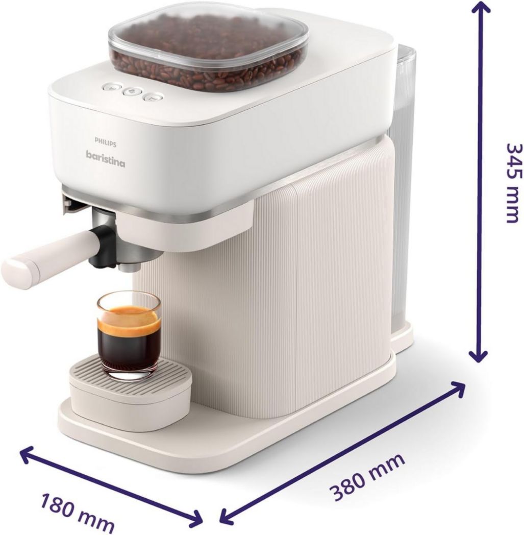 Machine à expresso Philips Baristina - Un véritable expresso, en toute simplicité - Compacte - 16 bars de pression - Broyeur intégré - Machine blanche avec porte-filtre blanc (BAR300/00)