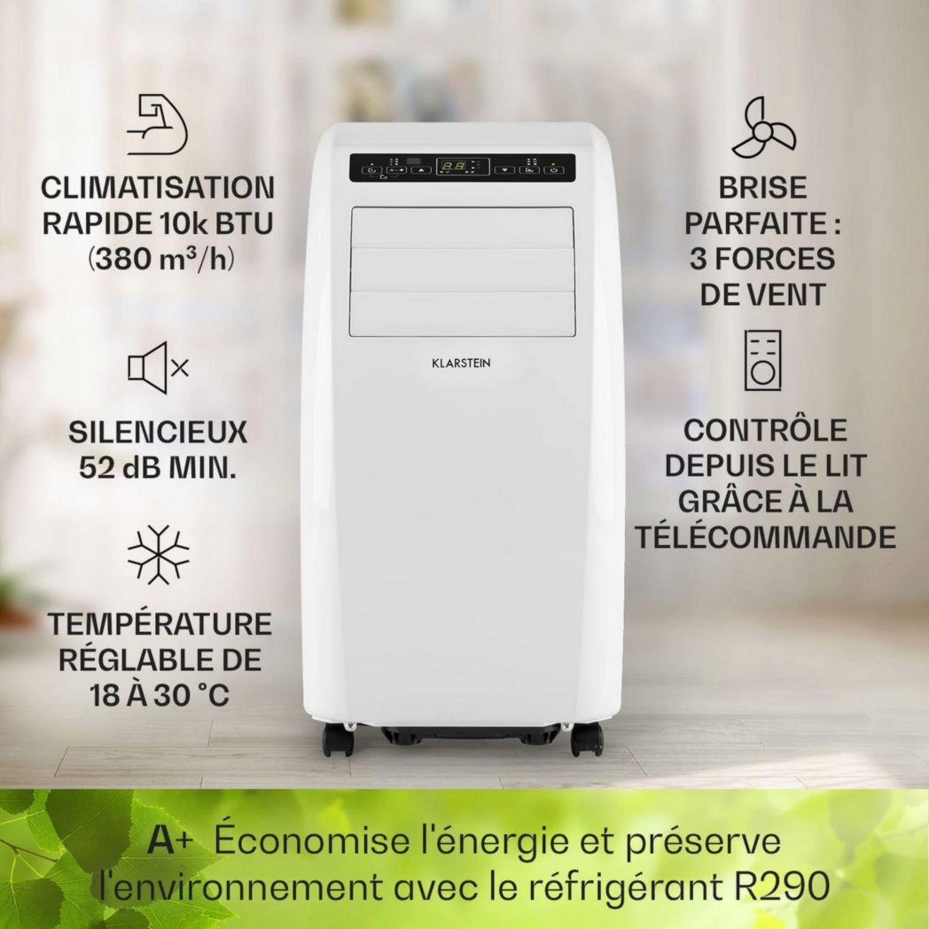 Climatiseur mobile silencieux Klarstein, 4 en 1, mode nuit, déshumidificateur, ventilateur, mini climatiseur basse consommation, évacuation, climatiseur portable, puissant, 10 000 BTU