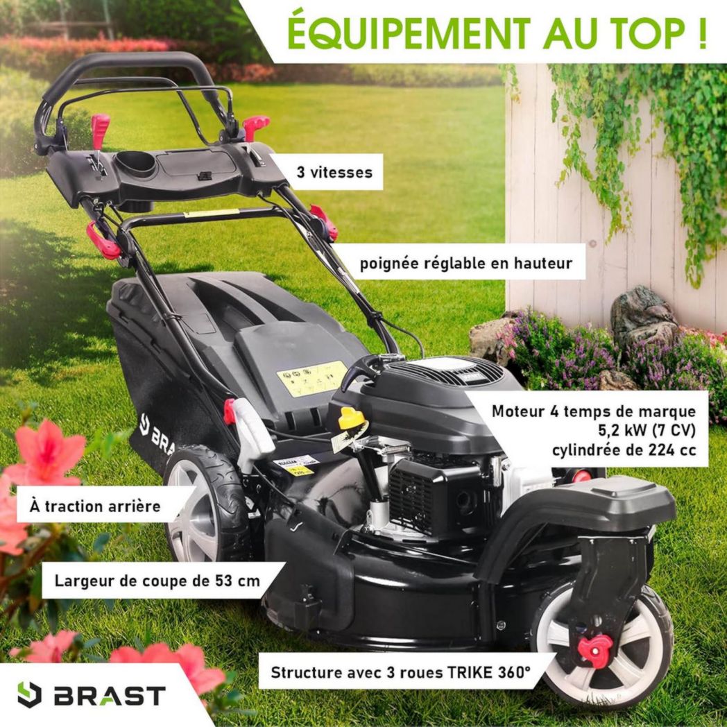 Tondeuse thermique 3 roues BRAST TRIKE E-START 224cc 53cm autotractée démarrage électrique mulching 4en1 capot tôle acier 60l - moteur 4 temps de la marque française GT réglable
