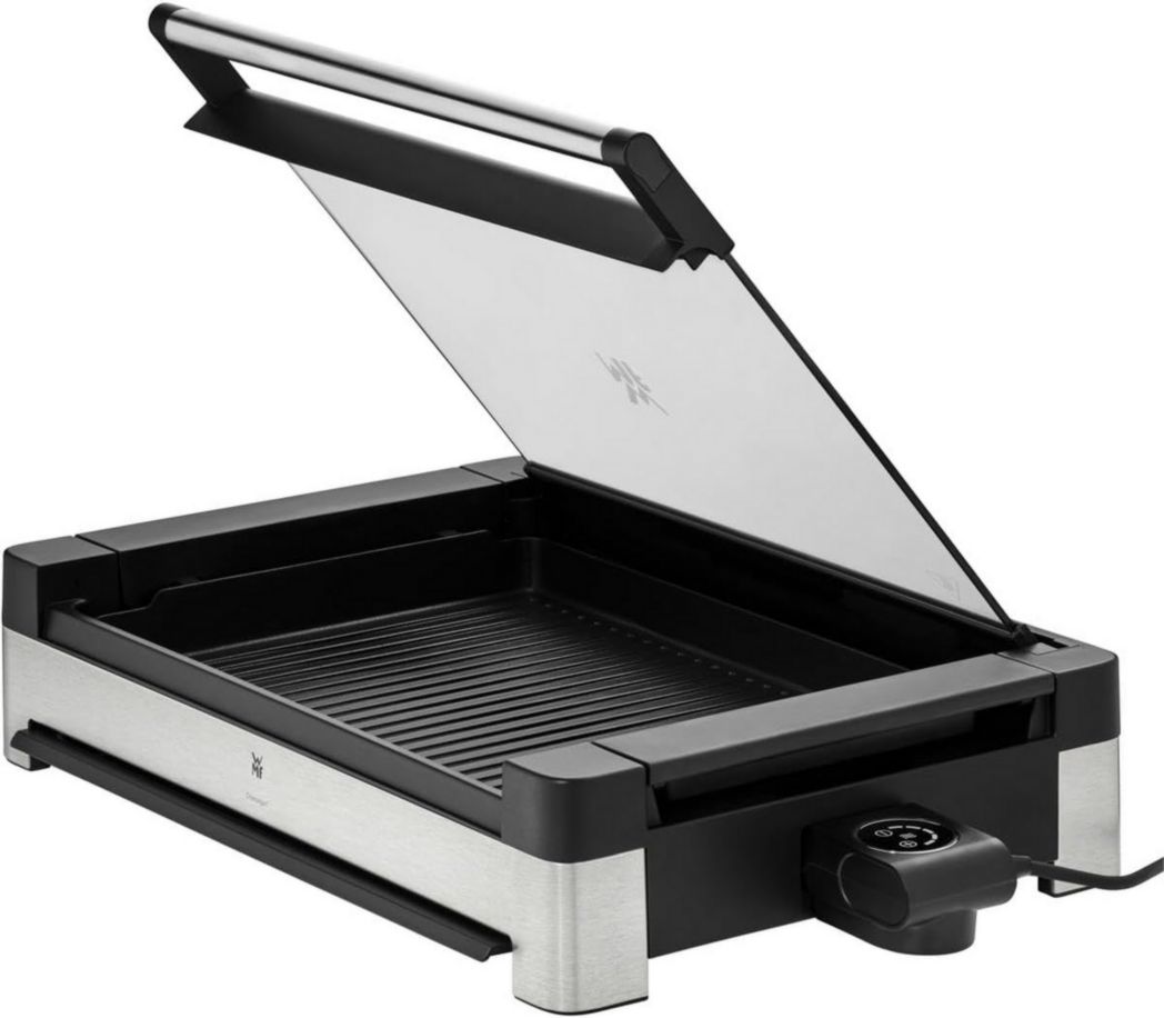 Barbecue électrique de table WMF Lono, acier inoxydable mat, avec couvercle en verre, 2 200 W, plaque de cuisson revêtue