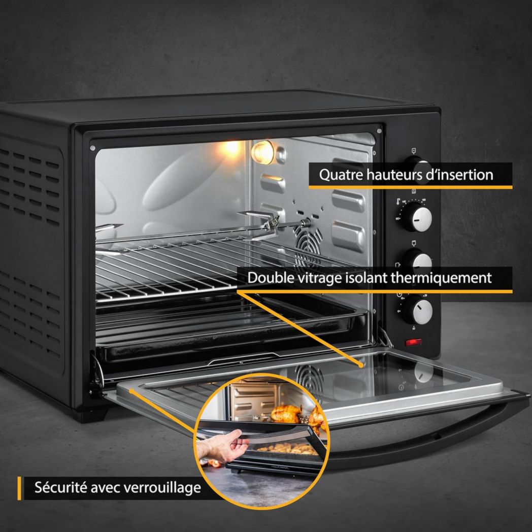 Mini four TZS First Austria 60 l I 2000 WI Convection + Rôtissoire I 4 éléments chauffants I Plage de température jusqu'à 230 °C Minuterie de 60 min I Acier inoxydable I Noir