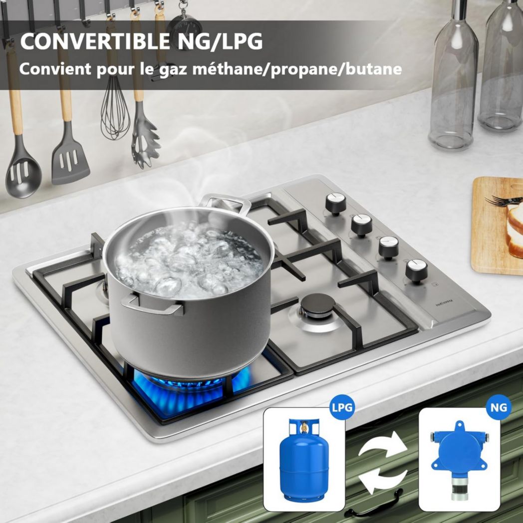 Plaque de cuisson à gaz 4 feux, plaque de cuisson 60 cm - Cuisinière encastrable - Gaz de ville et gaz en bouteille (4 feux - Verre)