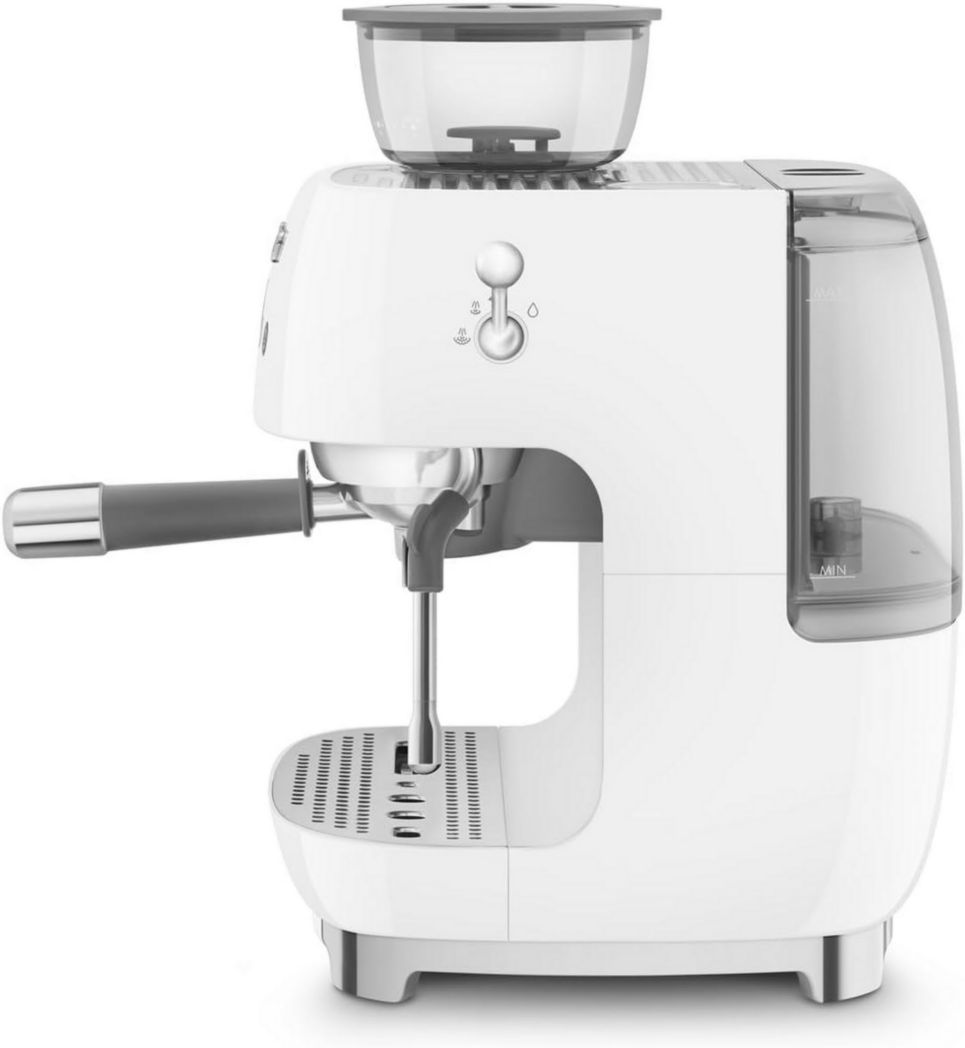 Machine à expresso manuelle Smeg EGF03CREU, avec moulin à grains intégré, thermoblock, 4 niveaux de température, buse vapeur et manomètre, réservoir 1 L, dimensions compactes, 1350 W, couleur crème