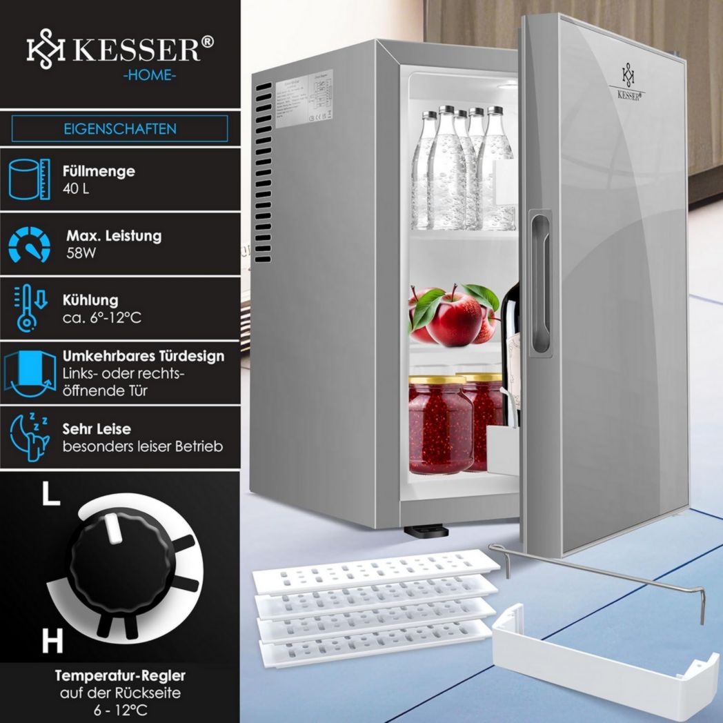 Mini-réfrigérateur KESSER® avec serrure, mini-bar 40 l, silencieux, 22 dB, verrouillable, chambre, butée de porte amovible, environ 4 à 16 °C, hauteur 57 cm, éclairage intérieur
