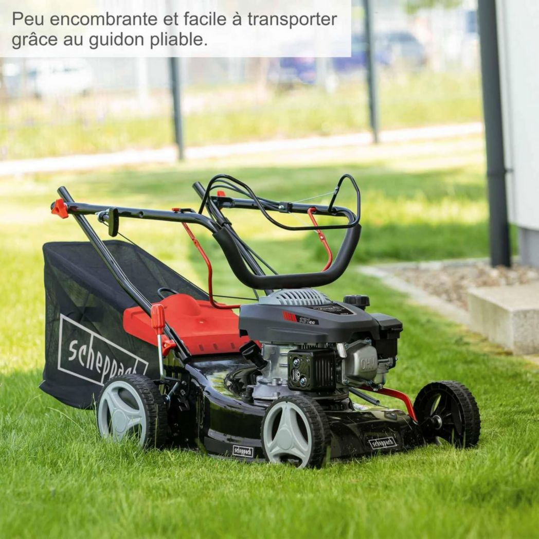 Tondeuse à gazon thermique Scheppach MS132-42 | 3,4 CV | Largeur de coupe de 42 cm | Robuste | Fonction mulching | Panier de 45 L | Réglage de la hauteur sur 7 niveaux (25-75 mm)