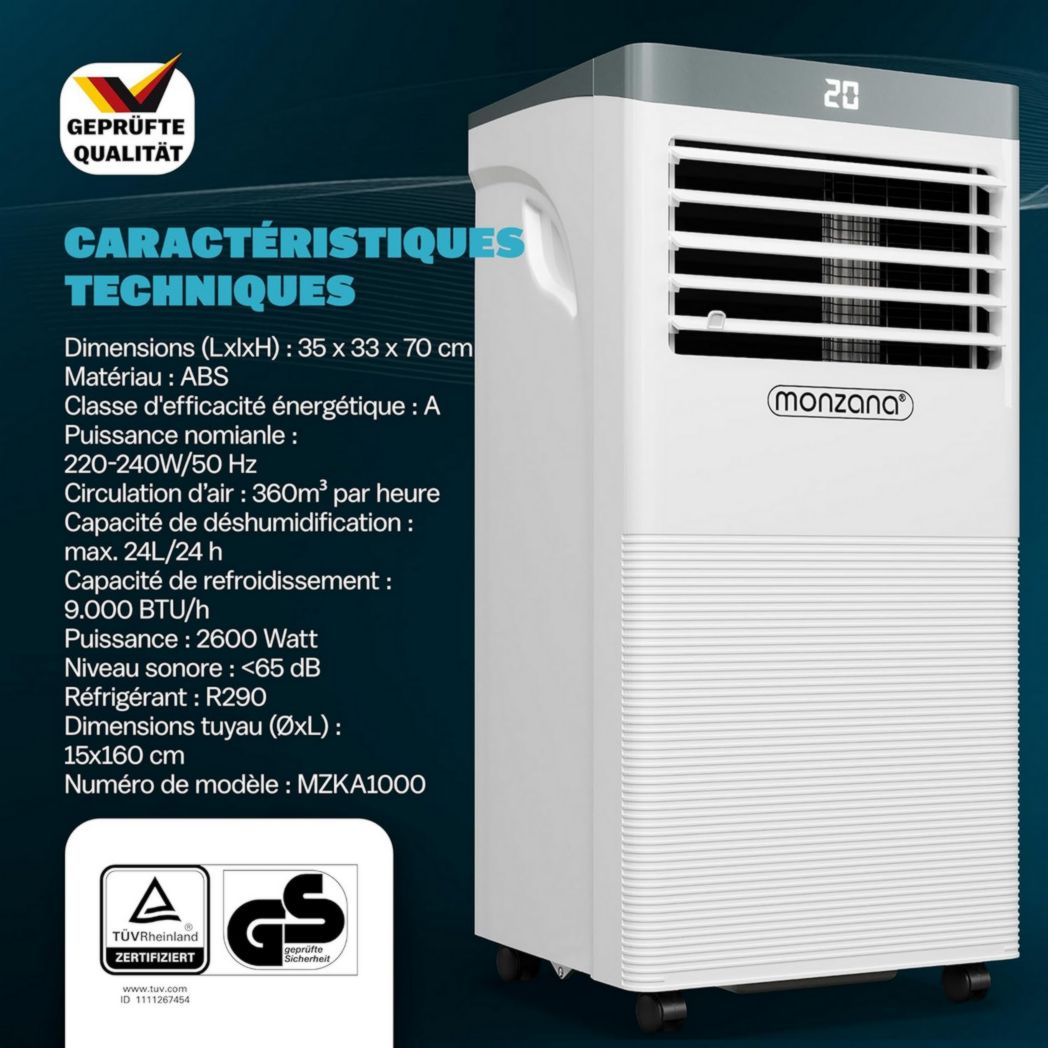 Climatiseur portable 4 en 1 Monzana® MZKA1000, refroidisseur d'air, 9 000 BTU/h, déshumidificateur, ventilateur, application Wi-Fi Alexa