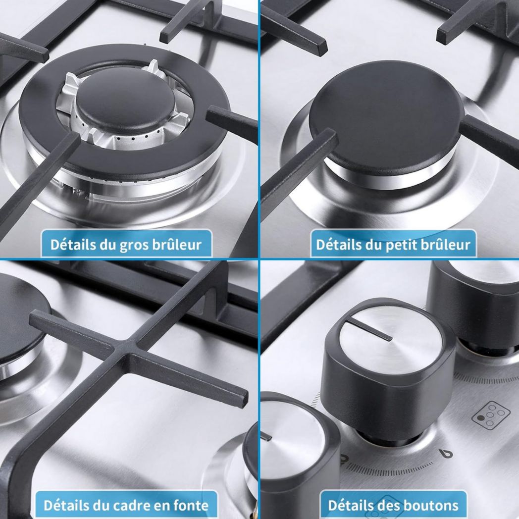 Plaque de cuisson à gaz 4 feux, plaque de cuisson 60 cm - Cuisinière encastrable - Gaz de ville et gaz en bouteille (4 feux - Verre)