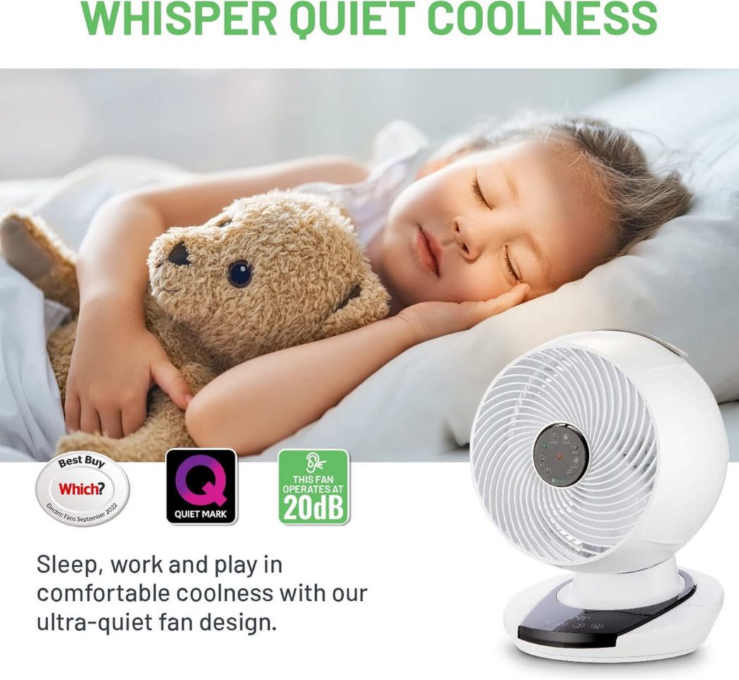 Circulateur d'air Meaco MeacoFan 1056 pour chambre à coucher, ventilateur de bureau, silencieux, économie d'énergie, refroidissement de toute la pièce – Blanc