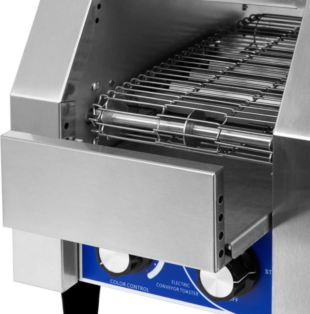 Grille-pain convoyeur professionnel VERTES en acier inoxydable (1940 W, 230 V, pour pains grillés et hamburgers, 1 rampe d'insertion, 2 rampes de sortie, 7 niveaux de vitesse, plateau ramasse-miettes)