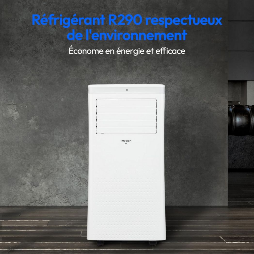 Climatiseur mobile intelligent MEDION P1002 (10 000 BTU, 3 en 1, refroidissement, déshumidification, ventilation, jusqu'à 34 m², kit de joint de fenêtre, mode veille, contrôle Wi-Fi, télécommande, écran, MD 37733)
