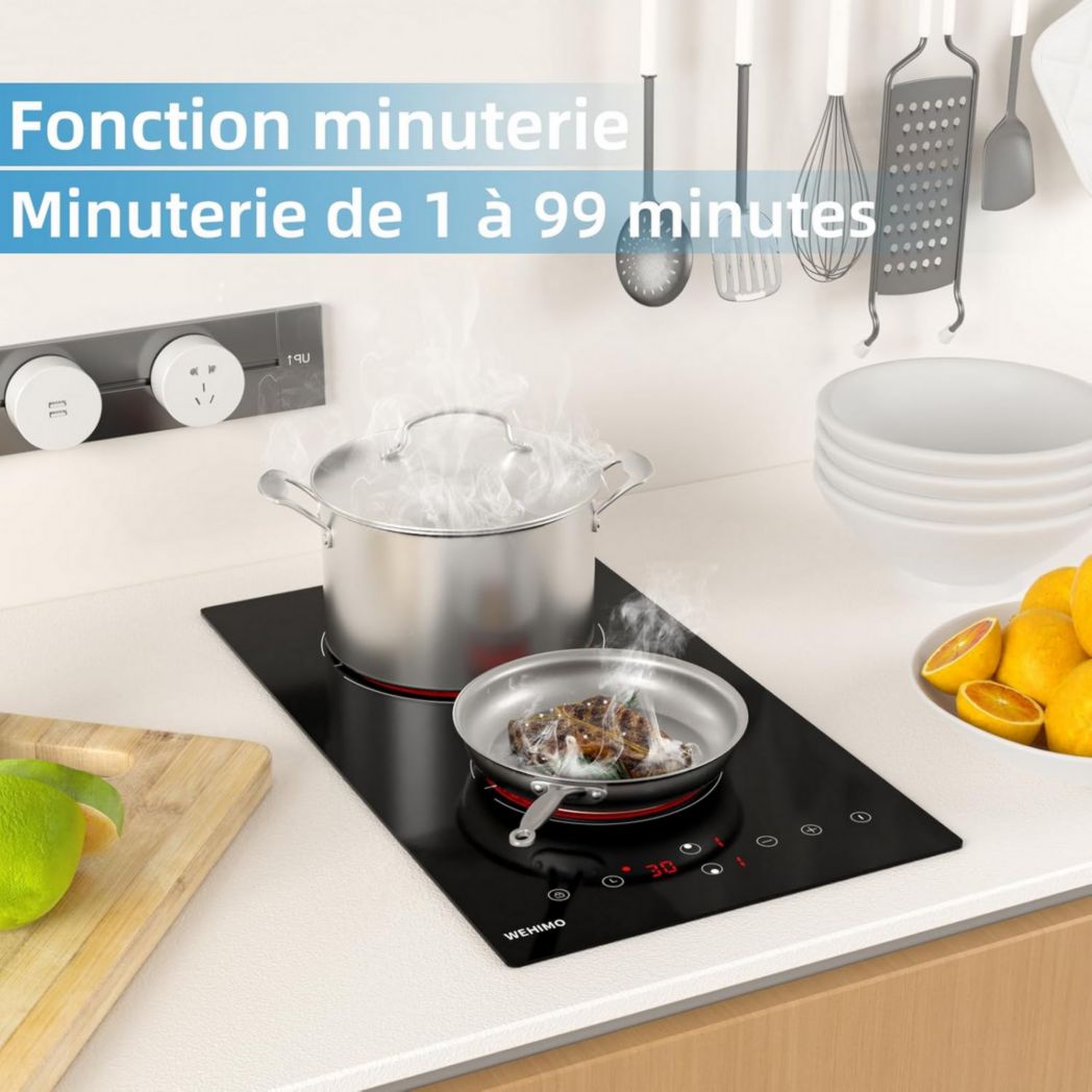 Plaque de cuisson vitrocéramique encastrable 4 feux, WEHIMO 6000W - 59cm - Minuterie, 9 niveaux de puissance, commande tactile, sécurité enfant...