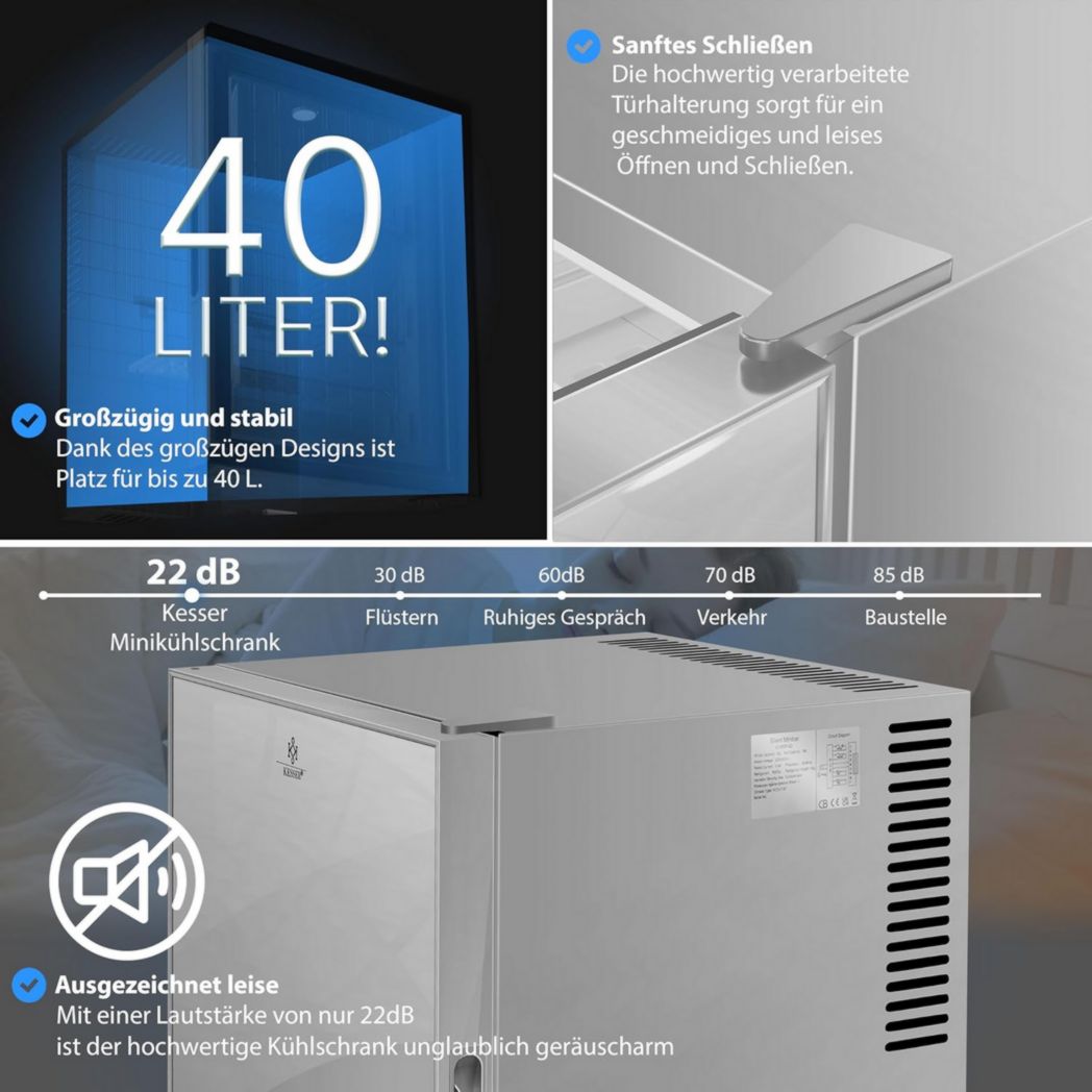 Mini-réfrigérateur KESSER® avec serrure, mini-bar 40 l, silencieux, 22 dB, verrouillable, chambre, butée de porte amovible, environ 4 à 16 °C, hauteur 57 cm, éclairage intérieur