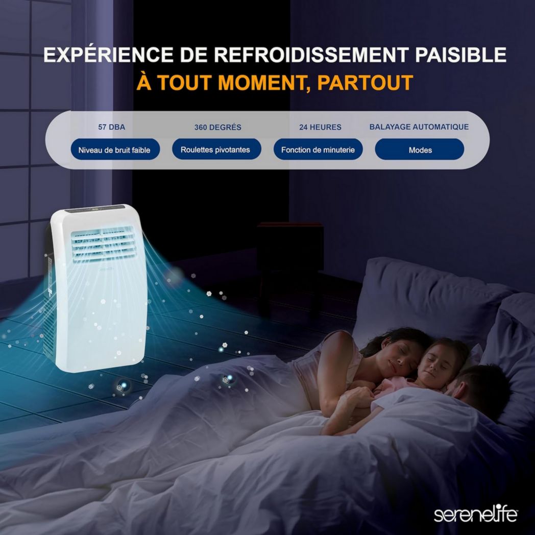 Climatiseur portatif silencieux SereneLife, 9 000 BTU, 3 en 1, avec déshumidificateur intégré, mode ventilateur, télécommande, kit d'extraction complet pour fenêtre, blanc