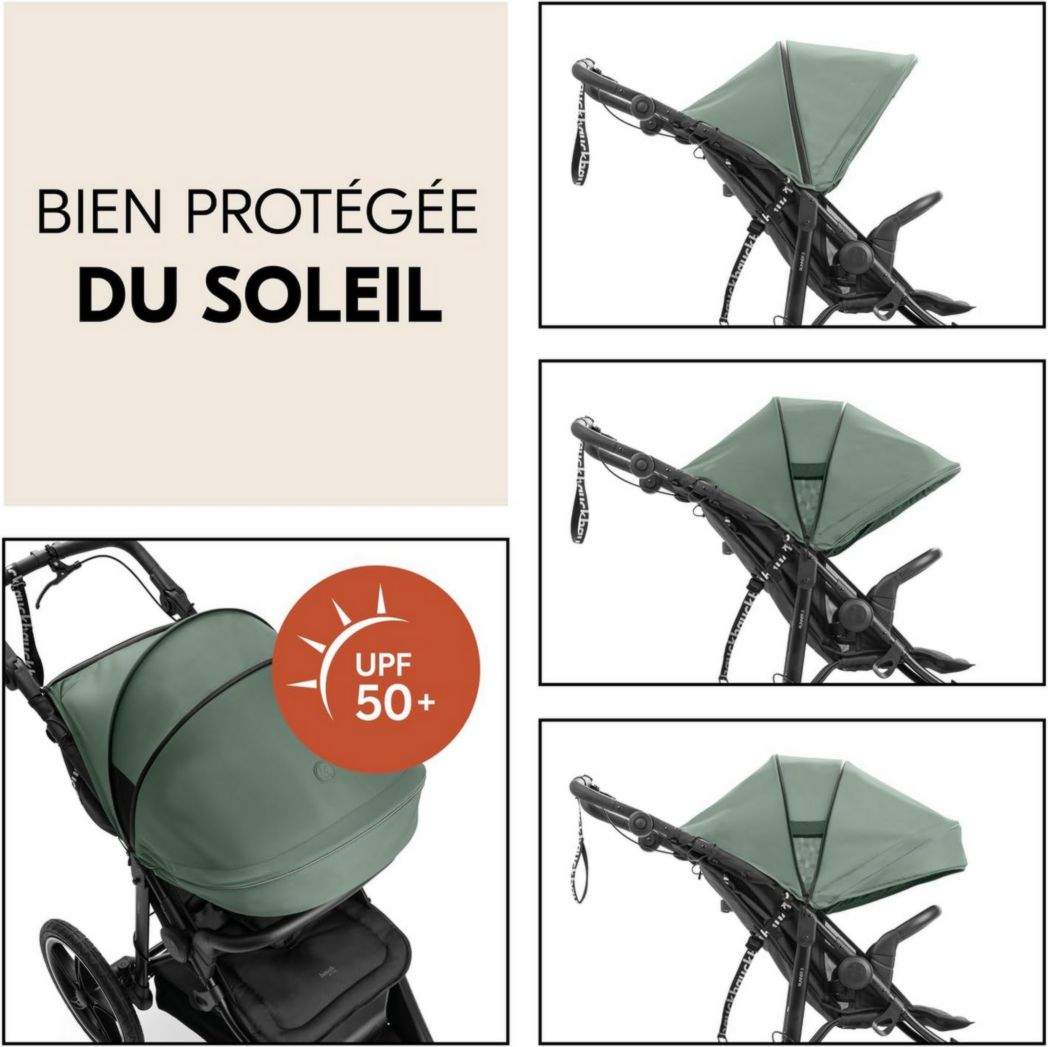 Poussette 3 roues Hauck Runner 3, tout-terrain, roues gonflables XL, jusqu'à 22 kg, frein à main, suspension, capote UPF 50+, pliable, panier, position allongée, porte-gobelet (vert jungle)