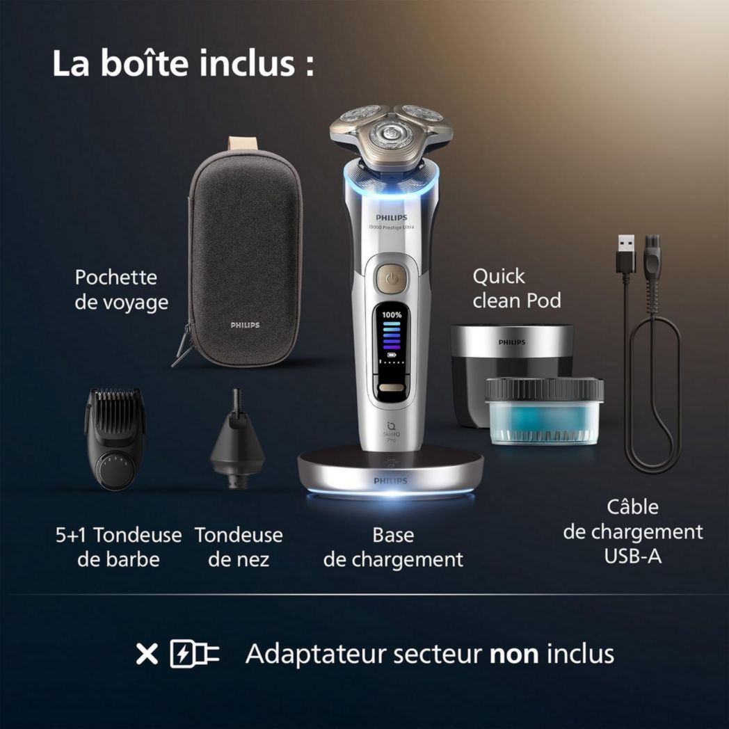 Rasoir Philips i9000 Prestige Ultra, rasoir électrique 100 % étanche, technologie Skin IQ Pro, système Triple Lift & Cut, lames de précision NanoTech rotatives à 360°, 5 modes de rasage, XP9401/38