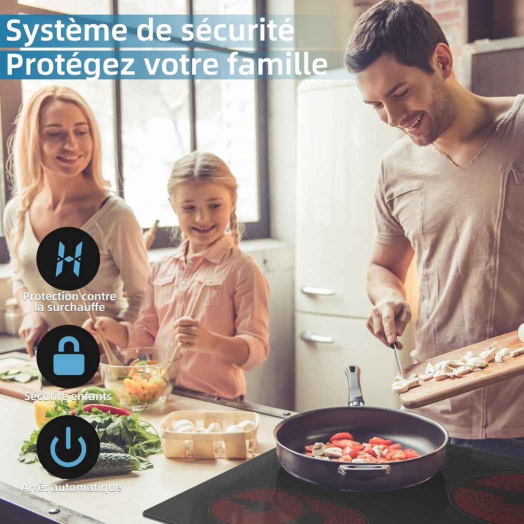 Plaque de cuisson vitrocéramique encastrable 4 feux, WEHIMO 6000W - 59cm - Minuterie, 9 niveaux de puissance, commande tactile, sécurité enfant...