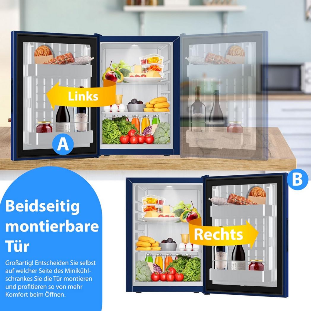 Mini-réfrigérateur KESSER® avec serrure, mini-bar 40 l, silencieux, 22 dB, verrouillable, chambre, butée de porte amovible, environ 4 à 16 °C, hauteur 57 cm, éclairage intérieur