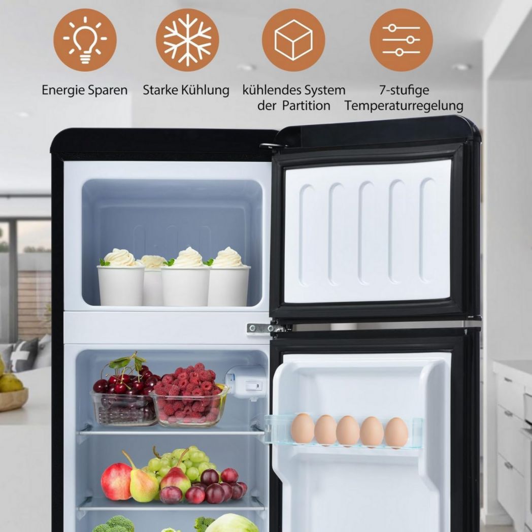 Réfrigérateur rétro Sweiko, congélateur vertical, éclairage LED, combiné réfrigérateur-congélateur, deux portes, volume total de 92 litres avec capacité de congélation de 28 litres (rouge)