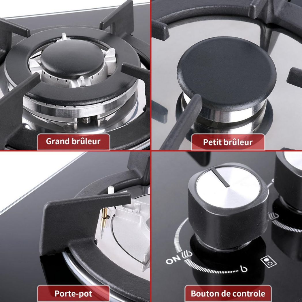 Plaque de cuisson à gaz 4 feux, plaque de cuisson 60 cm - Cuisinière encastrable - Gaz de ville et gaz en bouteille (4 feux - Verre)