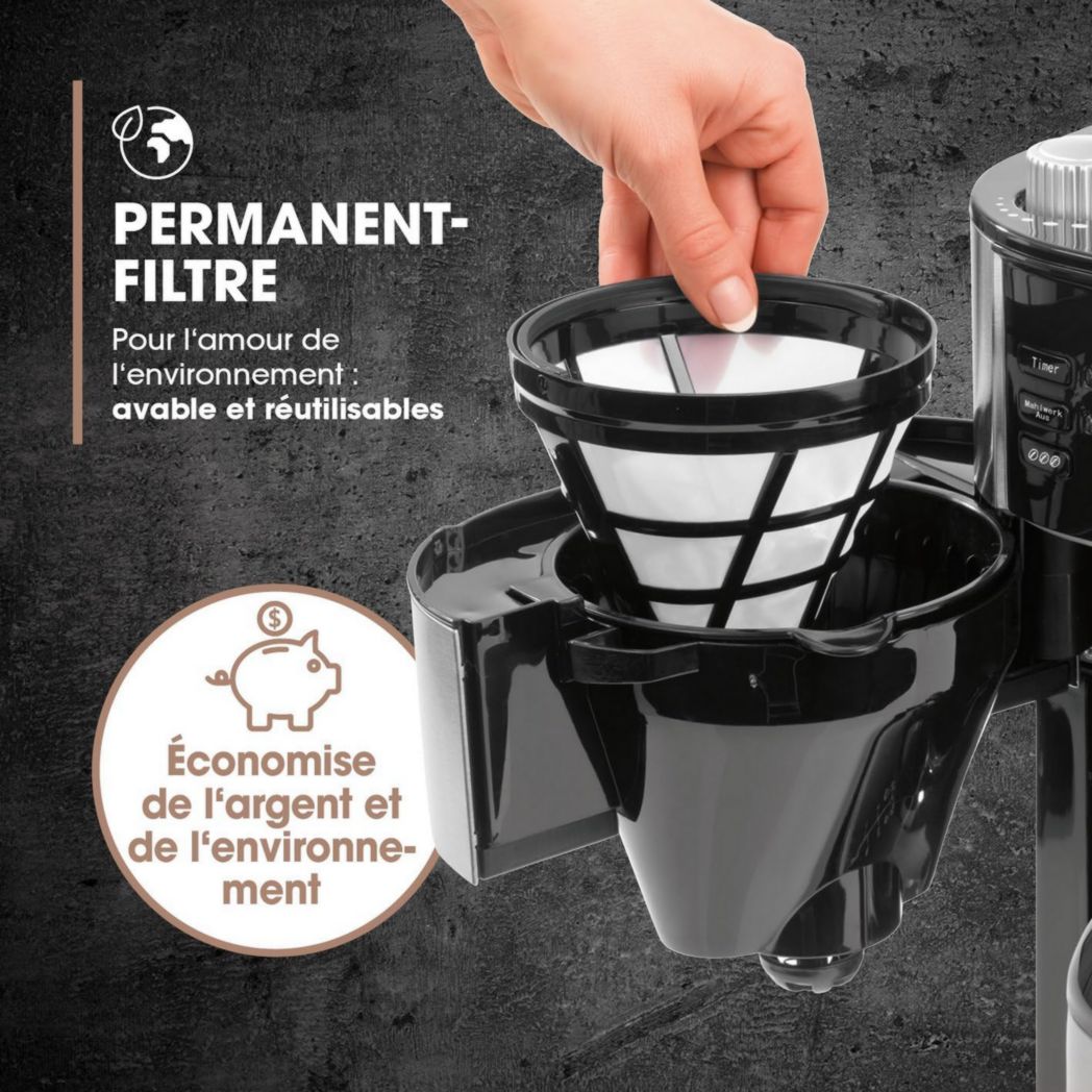 Cafetière filtre Barista avec verseuse isotherme de 1 L pour 12 tasses de café, machine à café à grains avec moulin et affichage numérique, fonction minuterie