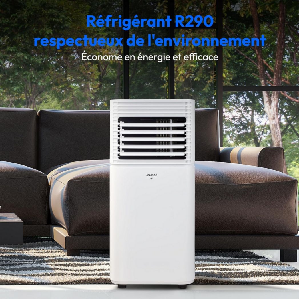 Climatiseur mobile intelligent MEDION P1002 (10 000 BTU, 3 en 1, refroidissement, déshumidification, ventilation, jusqu'à 34 m², kit de joint de fenêtre, mode veille, contrôle Wi-Fi, télécommande, écran, MD 37733)