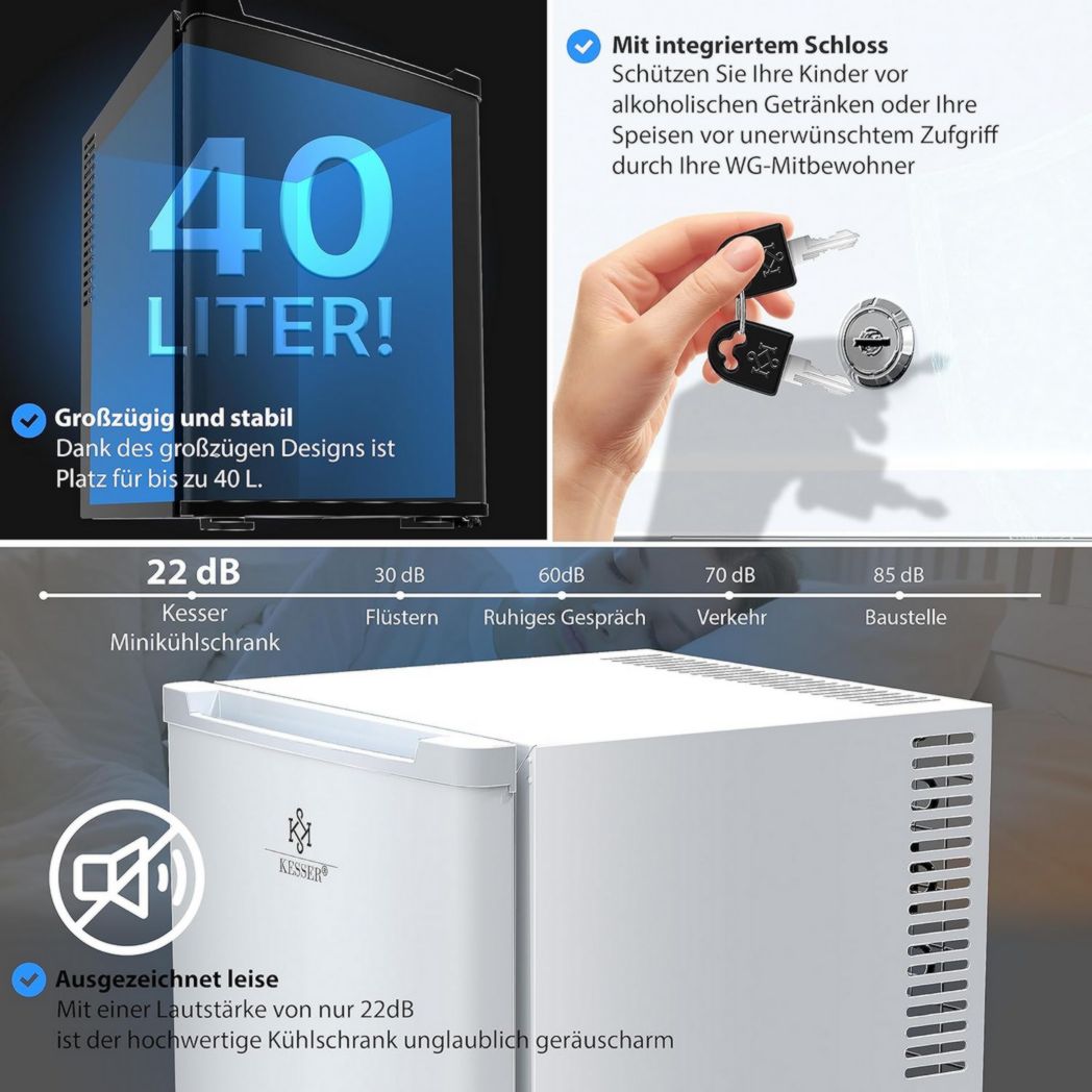 Mini-réfrigérateur KESSER® avec serrure, mini-bar 40 l, silencieux, 22 dB, verrouillable, chambre, butée de porte amovible, environ 4 à 16 °C, hauteur 57 cm, éclairage intérieur