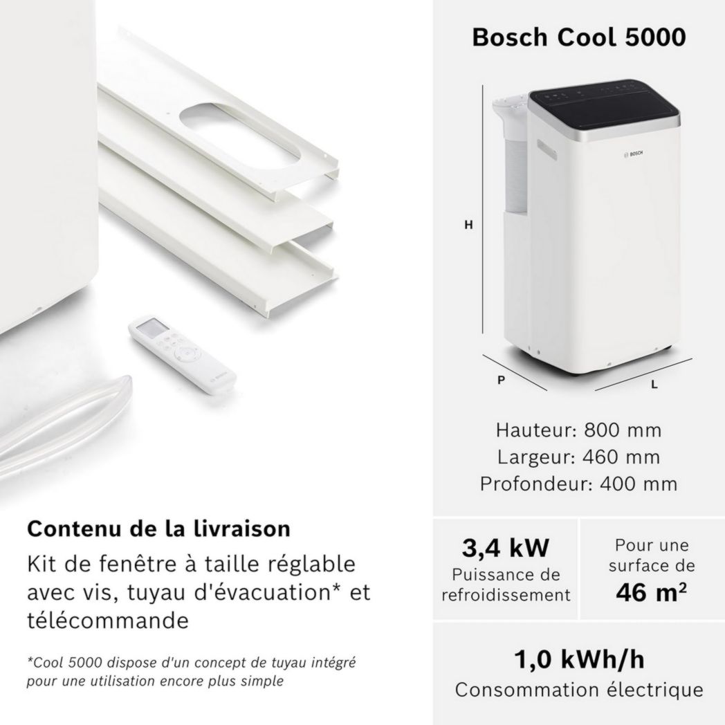 Climatiseur portable Bosch Cool 2000 - 3 en 1 : climatiseur, déshumidificateur, ventilateur - 2,6 kW PAC pour pièces jusqu'à 35 m² - Avec modes automatique, silencieux et veille