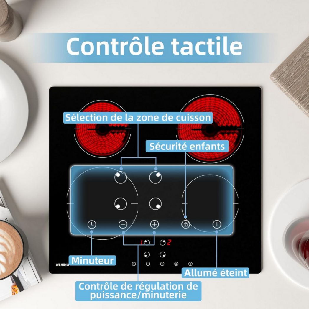 Plaque de cuisson vitrocéramique encastrable 4 feux, WEHIMO 6000W - 59cm - Minuterie, 9 niveaux de puissance, commande tactile, sécurité enfant...