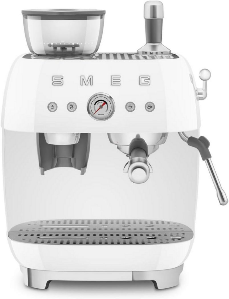 Machine à expresso manuelle Smeg EGF03CREU, avec moulin à grains intégré, thermoblock, 4 niveaux de température, buse vapeur et manomètre, réservoir 1 L, dimensions compactes, 1350 W, couleur crème