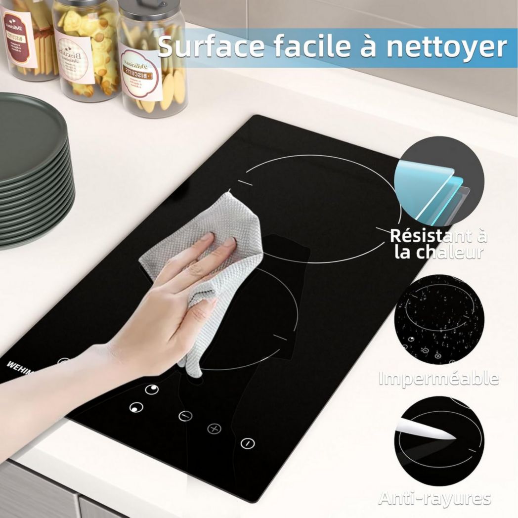 Plaque de cuisson vitrocéramique encastrable 4 feux, WEHIMO 6000W - 59cm - Minuterie, 9 niveaux de puissance, commande tactile, sécurité enfant...