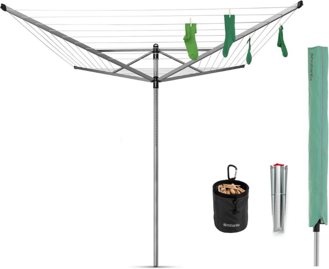 Brabantia - Séchoir à linge Lift-O-Matic - Étendoir à linge d'extérieur - Antidérapant - Résistant aux UV, 60 m - Rotation fluide - Pratique - Douille métallique à planter - Gris métallisé - 295 cm