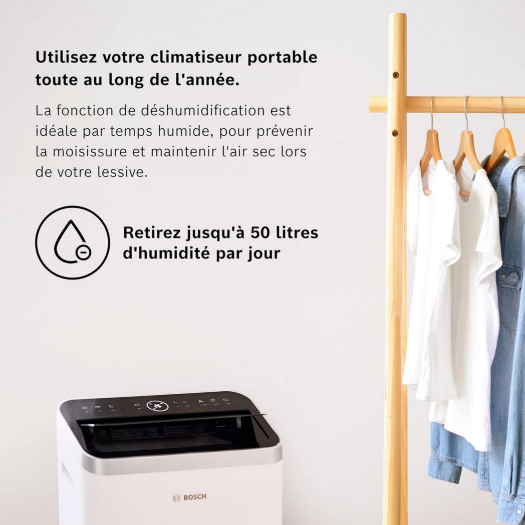 Climatiseur portable Bosch Cool 2000 - 3 en 1 : climatiseur, déshumidificateur, ventilateur - 2,6 kW PAC pour pièces jusqu'à 35 m² - Avec modes automatique, silencieux et veille