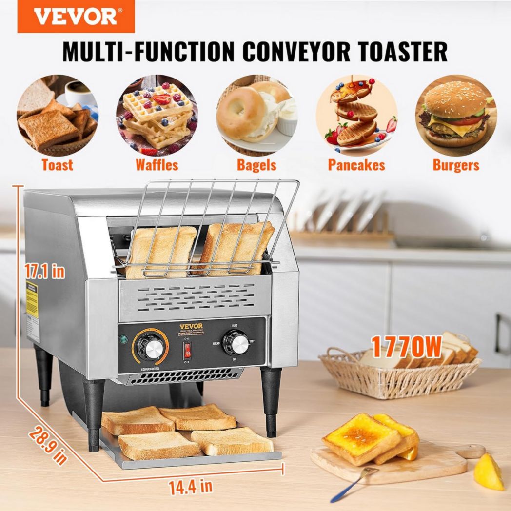 Grille-pain commercial VEVOR 300 tranches par heure en acier inoxydable 2200 W 7 vitesses avec plateau ramasse-miettes pour petits pains, bagels, hamburgers, boulangeries, restaurants, hôtels
