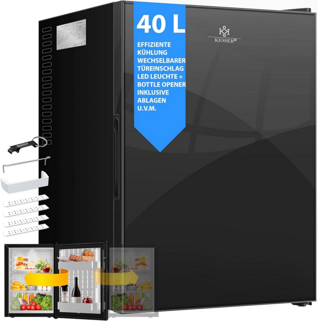 Mini-réfrigérateur KESSER® avec serrure, mini-bar 40 l, silencieux, 22 dB, verrouillable, chambre, butée de porte amovible, environ 4 à 16 °C, hauteur 57 cm, éclairage intérieur