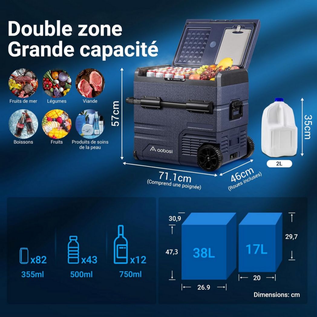 Glacière électrique double zone AAOBOSI 115 L, compresseur WiFi, 12 V/24 V et 100-240 V, pour camping, -20 °C à 20 °C, pour voiture, camion, bateau, camping, caravane, voyage, maison