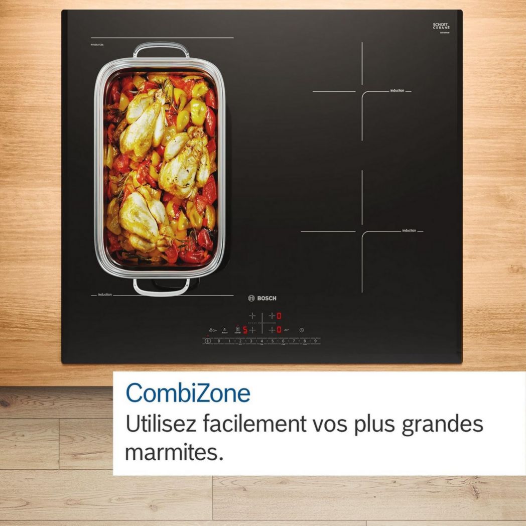Bosch PUJ611BB5E, Série 4, Table de cuisson à induction, 3 feux, 60 cm, Noir, Sans cadre