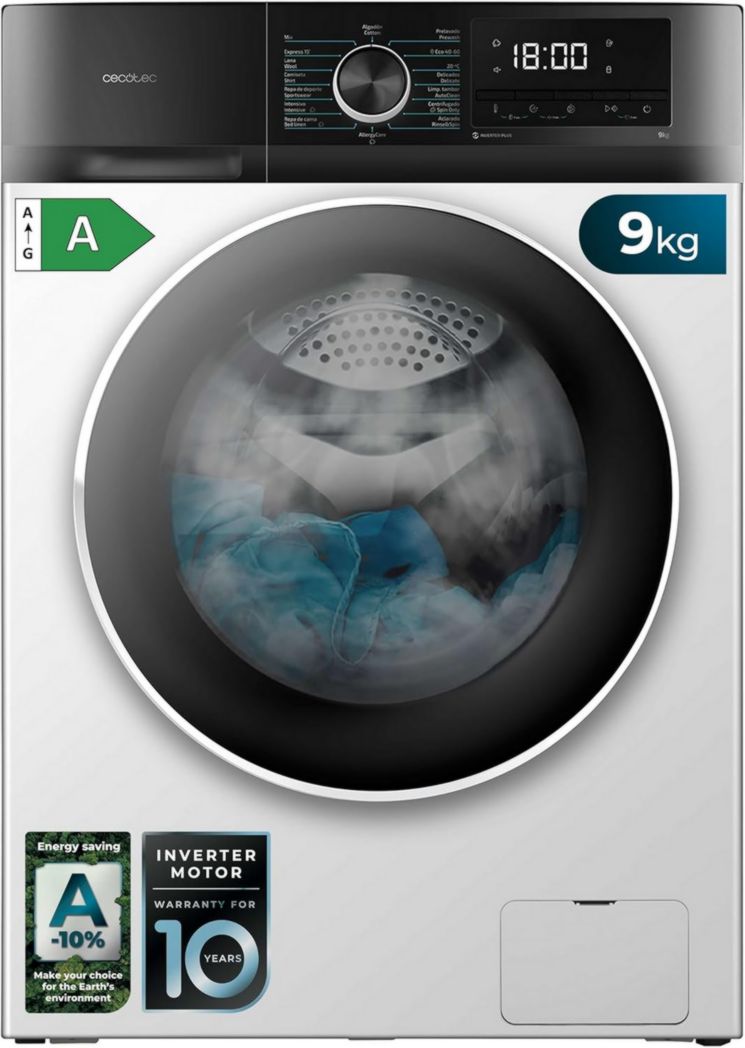 Cecotec Bolero Dresscode 10500 Inverter Steel A. Lave-linge 10 kg Acier, 1400 tr/min, moteur Inverter Plus, Vapeur, Classe A.
