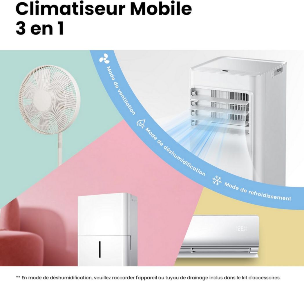 Climatiseur portable COMFEE' 9000 BTU/h 2,6 kW, 3 en 1, refroidisseur, déshumidificateur, ventilateur, fonction Follow me, minuterie, mode nuit, pour salon et maison de 33 m³/88 m³, MPPH-09CRN7, R290
