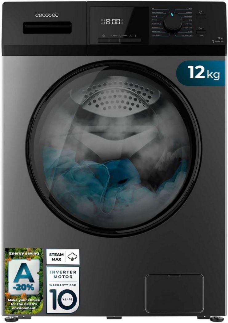 Lave-linge frontal Cecotec Bolero Dresscode 9410 Inverter A 9 kg. Puissance : 1 900 W, 1 400 tr/min réglable, 16 programmes, faible consommation d'énergie, vapeur, stérilisation du linge.