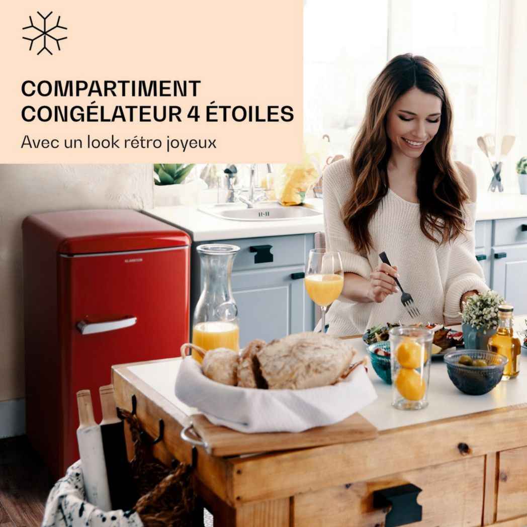 KLARSTEIN Laika - Congélateur, volume total 60 litres, thermostat 5 niveaux, 0 à -18°C, 3 clayettes, pose libre, design rétro - rouge