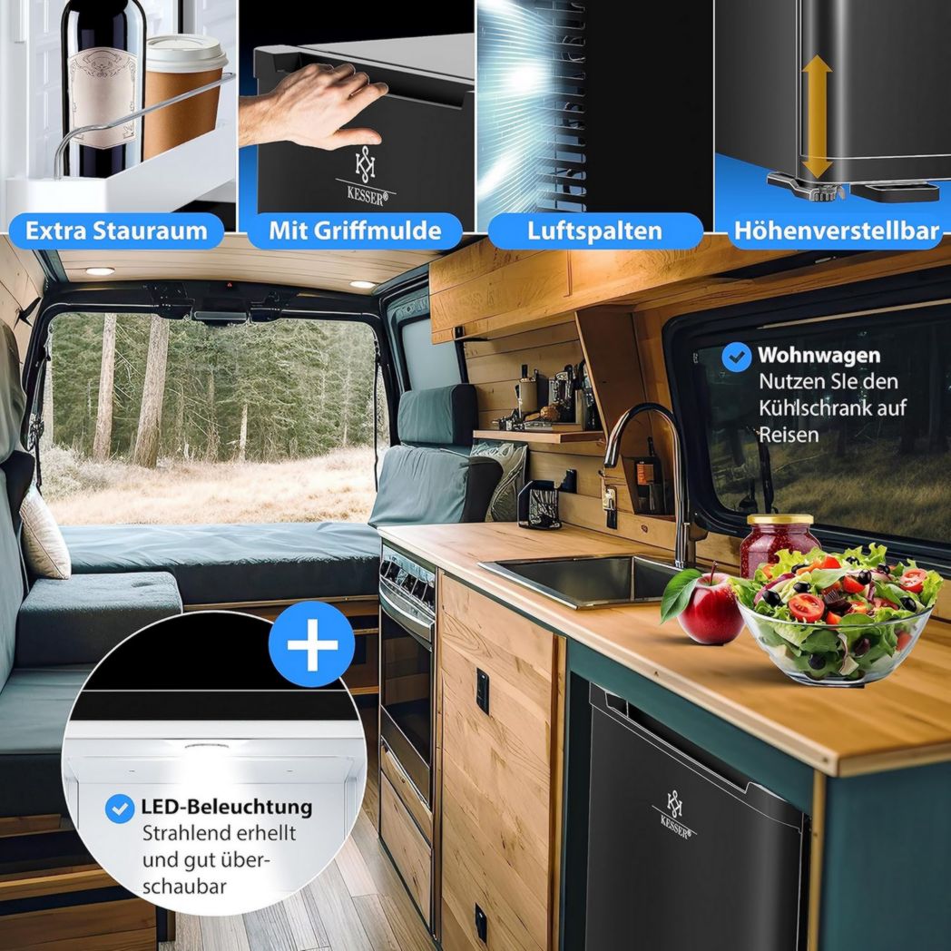 Mini-réfrigérateur KESSER® avec serrure, mini-bar 40 l, silencieux, 22 dB, verrouillable, chambre, butée de porte amovible, environ 4 à 16 °C, hauteur 57 cm, éclairage intérieur