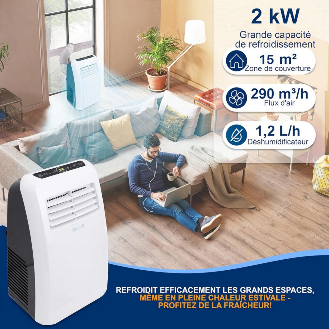 Climatiseur portatif silencieux SereneLife, 9 000 BTU, 3 en 1, avec déshumidificateur intégré, mode ventilateur, télécommande, kit d'extraction complet pour fenêtre, blanc