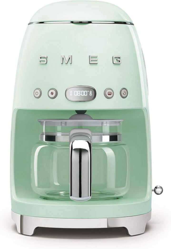 Smeg, DCF02PBEU, cafetière filtre, arôme et démarrage automatique, verseuse en verre jusqu'à 12 tasses, 2 niveaux d'intensité, maintien au chaud, 1050 W, bleu clair pastel
